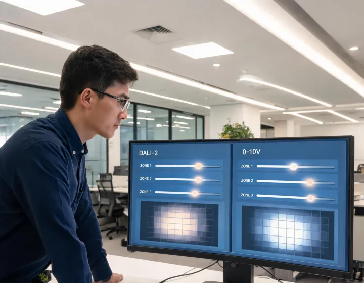 Commercial lighting controls dashboard beside installed office luminaires